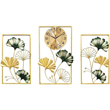 Three Piece Decorative Leaf Frames Metal Wall Clock - Craftkriti