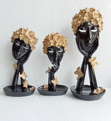Black & Golden Flower Thinking Face S/3 Polyresin Table Decor Showpiece