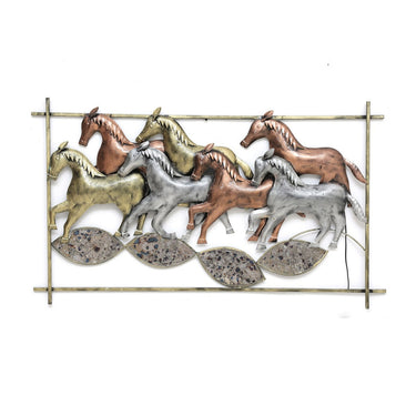 Metal Multicolour Running Horse In Frame With LED Wall Art - Craftkriti