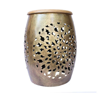 Golden Handcrafted Jali Cut Indoor Metal Mudda Furniture Set of 2
