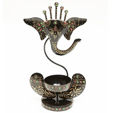 Black Embossed Metal Ganeshji Diya - Craftkriti
