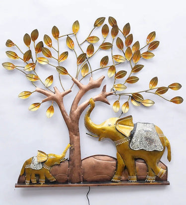 Handcrafted elephant under tree metal wall decor - Craftkriti