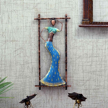 Blue Metal Single Frame Lady Figurine Wall Art - Craftkriti
