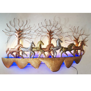 Seven metal running horses LED wall art - Craftkriti