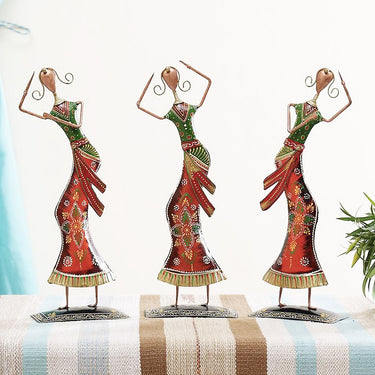 Green Top Multicolour Tilted Metal Human Figurine Set Of 3 - Craftkriti