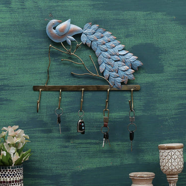 Blue Metal Peacock Wall Hook