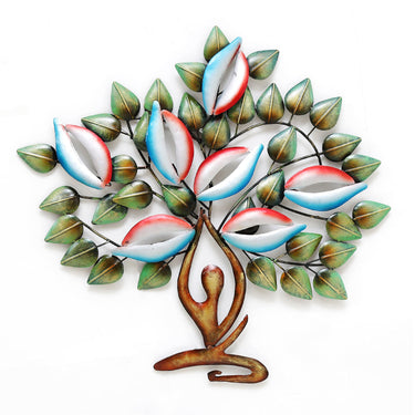 Colourful metal yoga tree LED wall art - Craftkriti